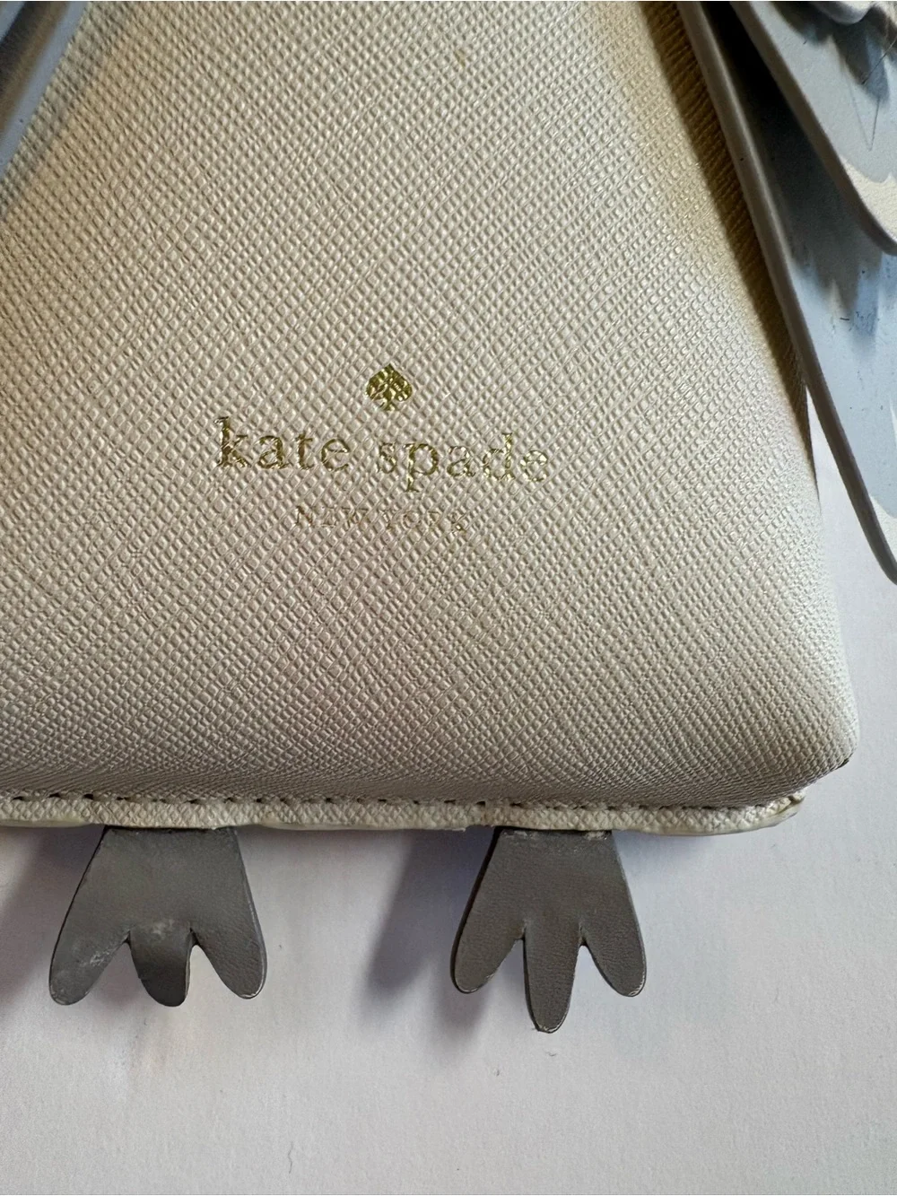 Kate Spade Cream and Gray Owl Crossbody Purse with Fur Trim